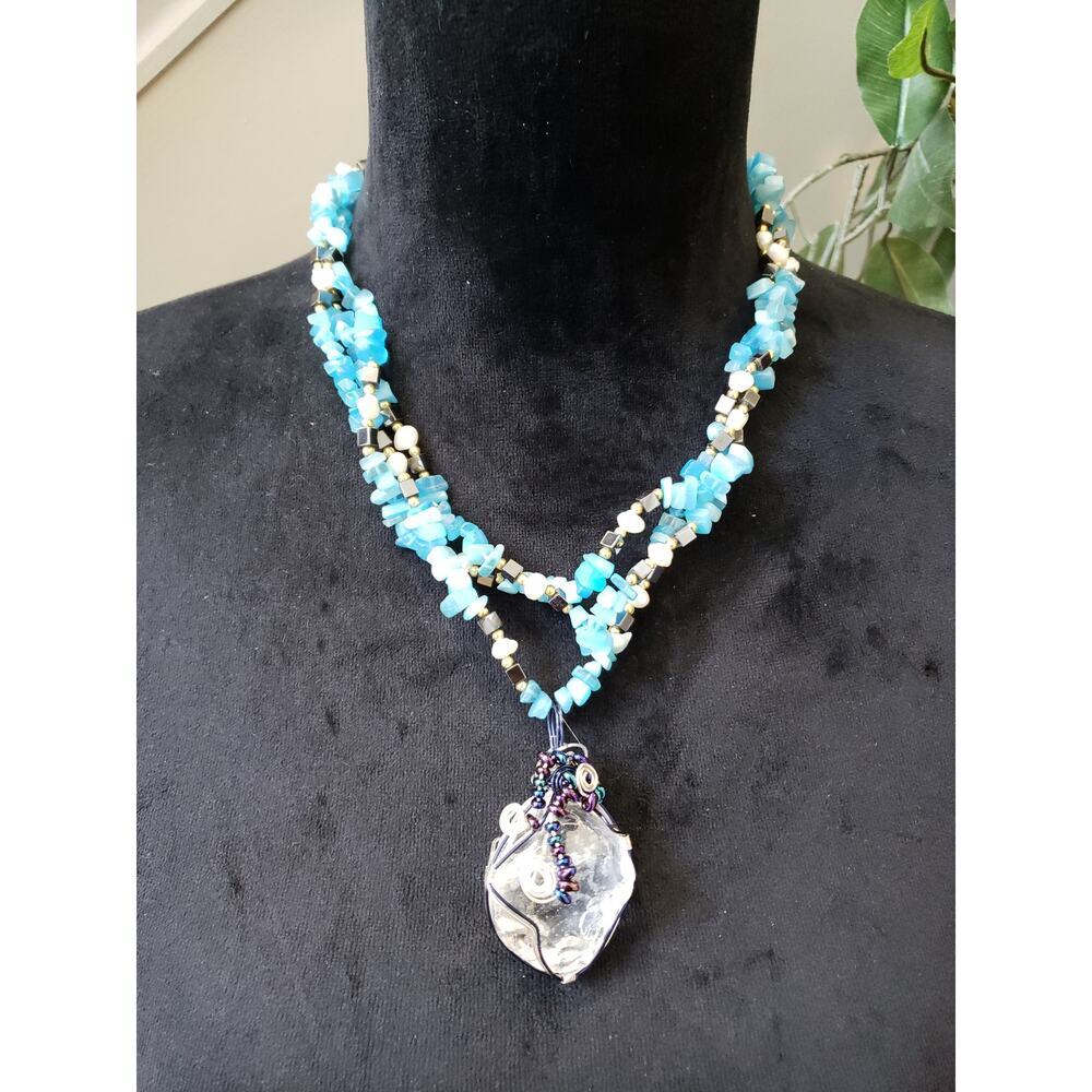 Women's Blue Beaded Pendant Necklace Handmade‎ Gemstone Magnetic Clasp Jewelry